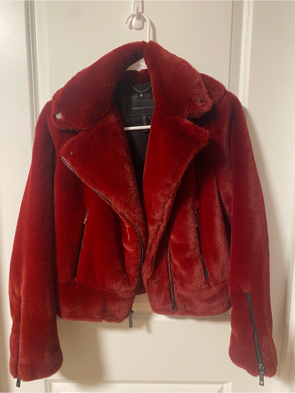 BCBGMaxAzria Deep Red Faux Fur Moto Jacket